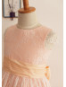 Pink Lace Satin Cap Sleeves Knee Length Flower Girl Dress 